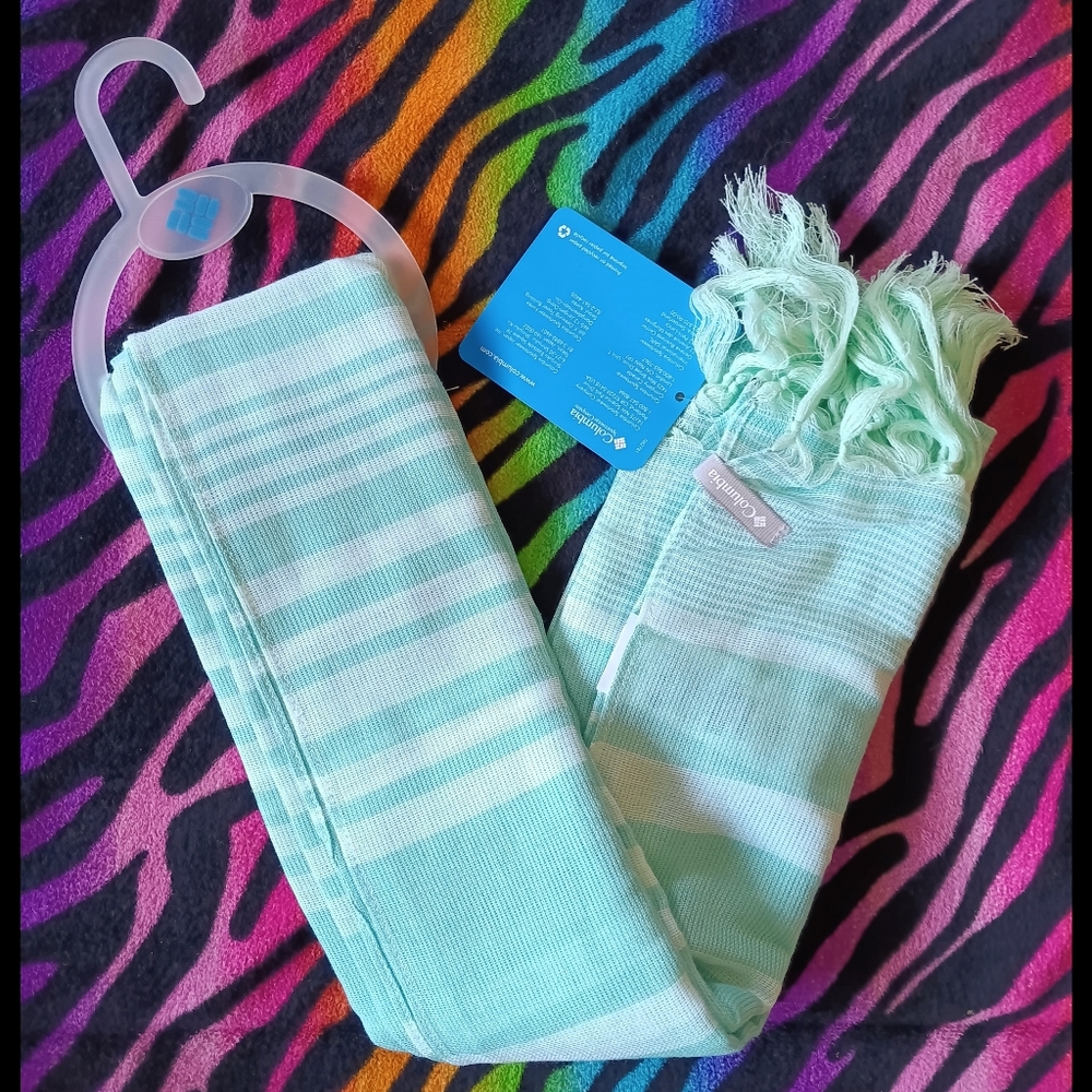🖤NWT Columbia Early Tide Cotton Scarf Striped Green Tassles One Size Unisex